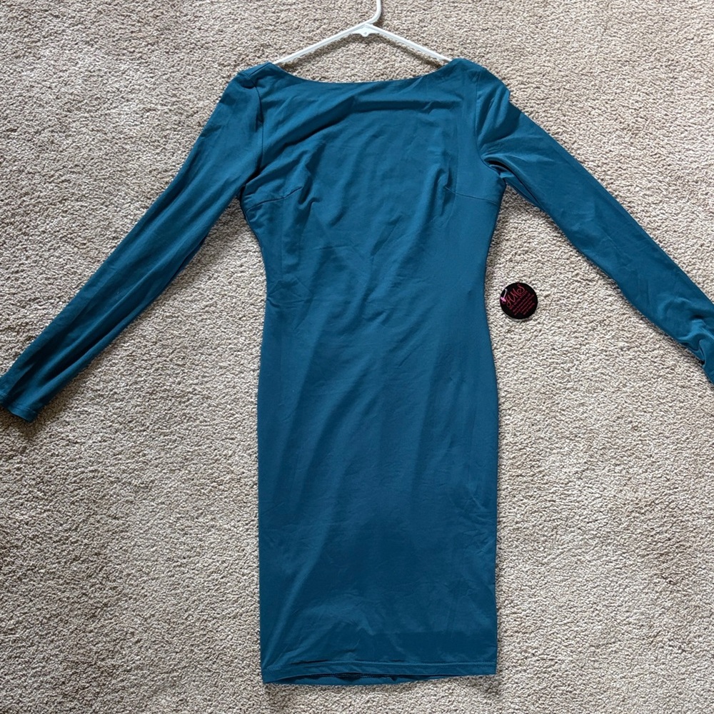 Hot Miami Styles Teal open back ruched Long Sleeve Sheath Dress